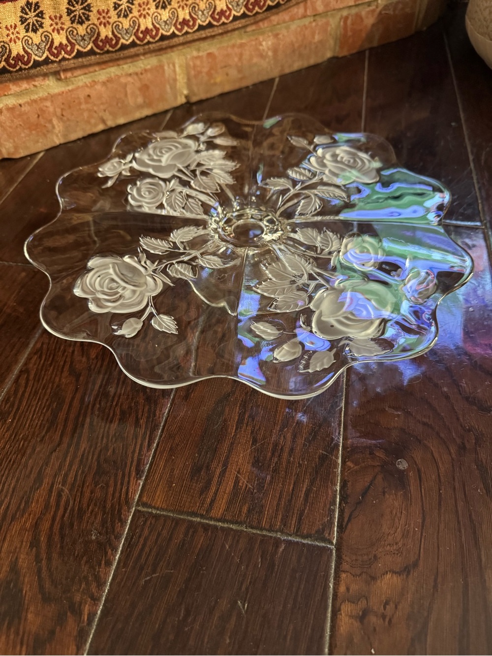 Vintage Glass Cake Plate, Embossed Frosted Rose Flower Bouquet